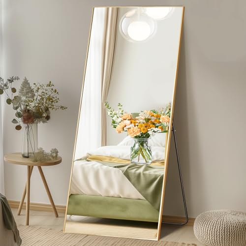 DUMOS 26"x68" Full Length Mirror with Stand, Floor Standing Aluminum Frame, Shatter-Proof Nano Glass for Bedroom, Living Room, Cloakroom – Modern Simple Home Decor,Can Be Hanging or Leaning, Gold - color: Gold-rect Edge, size: 68"L x 26"W