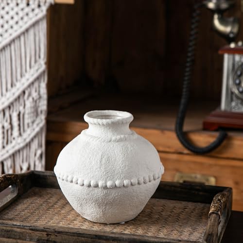 Mowtanco Rustic Ceramic Vase with Boho Wooden Beads, Matte Decorative Pottery for Modern Farmhouse and Bohemian Decor, Floral Arrangements, Bedroom, Shelf, or Side Table Accents - color: White - Small