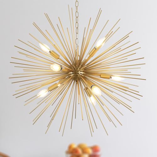 Modern 28.34" Gold Sputnik Chandelier 9-Light Mid-Century Starburst Chandeliers Solid Metal Satellite Firework Urchin Light Fixture for High Ceilings Dining Room Kitchen Living Room, E12 - color: Golden 28.34" 9-Light