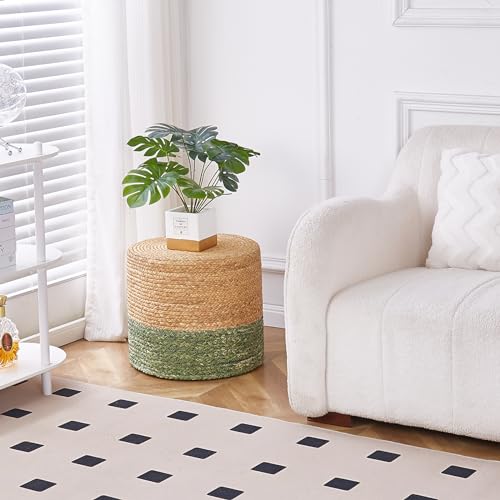 Wimarsbon 18'' Ottoman Pouf, Natural Braided Poof, Rustic Handweave Lounge Pouffe, Boho Footrest Stool for Bedroom, Accent Table for Living Room (Natural Water Hyacinth + Green Corn Husk) - color: 18inch Natural Water Hyacinth + Green Corn Husk