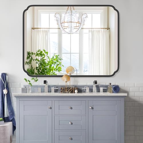 Ferytange 36 x 48 Inch Black Bathroom Vanity Mirror for Wall with Non-Rusting Metal Frame Large Rounded Rectangle Mirror for Over Sink (Horizontal/Vertical) - color: Black, size: 48"L x 36"W
