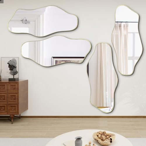 Irregular Wall Mirror, 51.1"x23.6" Asymmetrical Frameless Mirrors, Large Modern Organic Shaped Mirror for Living Room Bedroom Hallway Entryway, Horizontal or Vertical Hanging - color: Gold, size: 51.1"L x 23.6"W