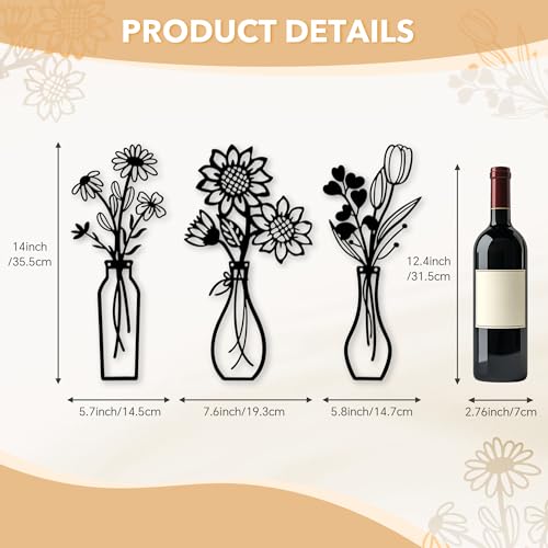 Mcdagogn 3 Pieces Metal Flowers Wall Arts - Rustic Farmhouse Wall Decor, Minimalist Black and White Wall Decor for Living room Bathroom Bedroom Dining Room Kitchen Office - Housewarming Gifts - color: Black 1