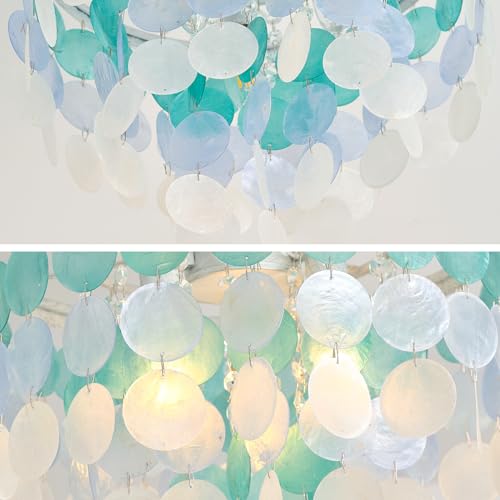 13.8" Natural Capiz Shell Chandelier 3 Light Mini Chandelier Boho Ceiling Light Entryway Light Fixture for Girls' Bedroom Hallway Living Room Dinning Room Brushed White Bulb Included - color: Ocean Blue, size: 13.8 inch