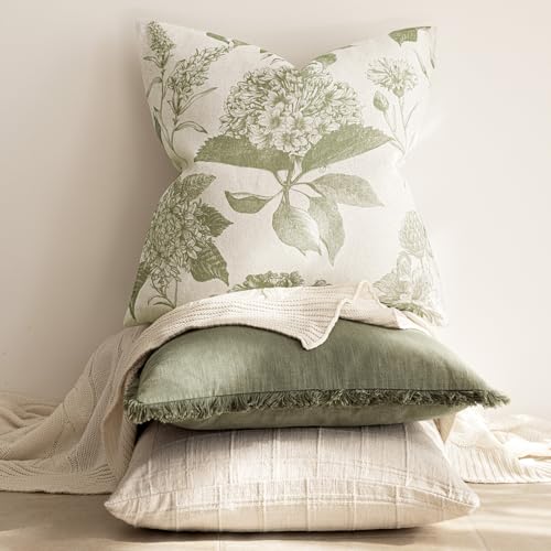 Foindtower Set of 2 Linen Floral Throw Pillow Covers Vintage Accent Print Decorative Cozy Cushion Covers Farmhouse Boho Home Decor for Sofa Chair Couch Bedroom Living Room,18×18 Inch,Light Green - color: Light Green, size: 18" x 18" (Pack of 2)