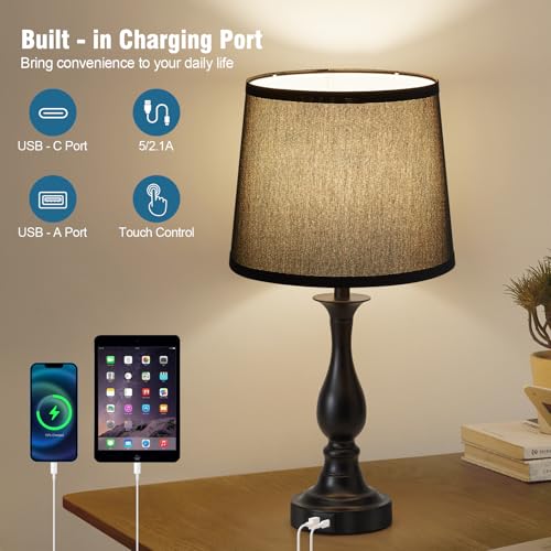 Bedside Table Lamp Touch Control Bedroom Lamps with USB A + C Charging Port 3 Way Dimmable Touch Lamps for Nightstand Living Room Bedroom Dorm Home Office Reading, Set of 2 (Black Shade & Black Base) - color: Black Shade & Black Base