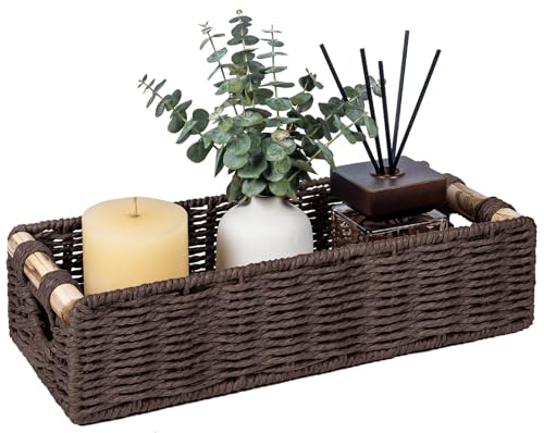 CubesLand Back of Toilet Storage Basket for Organizing w/Cut Out Handle, Handwoven Toilet Tank Top Paper Baskets, Wicker Decorative Basket for Countertop, Home Decor, Living Room, Nursery, Brown - color: Brown, size: M-14.17" (L) X 6.29" (W) X 3.54" (H)
