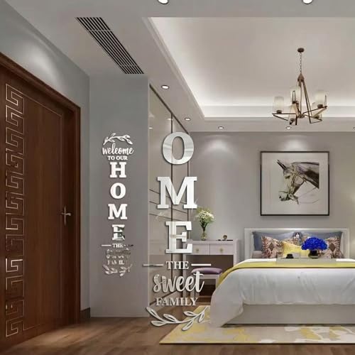 Wall Mirror, Silver 100x20cm Family Decor Removable 3D Acrylic Decorative Mirror Decals Self-Adhesive Reflective Stickers for Living Room Wall Art Entryway Background Home Decor Family Signs