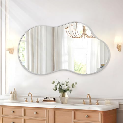 JJUUYOU Bathroom Wall Mirrors Irregular Mirrors for Wall Large Brushed Metal Frame 20"x36" Vanity Wall Mounted Mirror for Living Room Bedroom Entryway Vanity Home Decor Silver - color: Silver, size: 36"L x 20"W