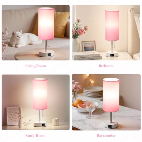 Dicoool Pink Bedside Table Lamp for Bedroom, Small Nightstand Lamp for Girls Kids, 3 Color Temperatures & USB Charging Port, Cute Desk Lamp for Teens Room Decor, Dorm Room Essentials - color: Pink-White