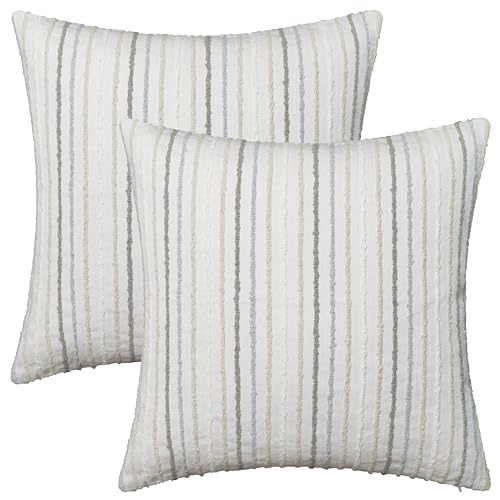 Set of 2 Multicolor Candlewick Striped Boho Throw Pillow Covers, Textured Cotton-Linen Woven Pillow Covers for Couch and Bed - 18"x18", Cream