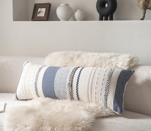 Cethom Boho Lumbar Pillow Covers 14x36 Inch Long, Navy Blue Textured Decorative Couch Pillow Cases for Farmhouse Home Decor, Accent Cushion Cover for Sofa, Bed, Living Room, Bedroom, Pack of 1 - color: Navy Blue, size: 36" x 14" (Pack of 1)