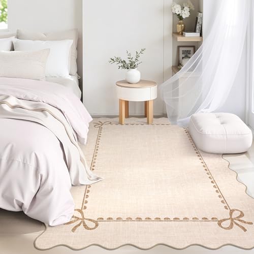 GarveeHome Scalloped Bow Rug for Living Room, Solid Beige Rug for Dorm, Washable Rugs 4x6 Soft Low Pile Non Slip Scalloped Rugs for Nursery Bedroom Decor Hallway Kids Room Playroom - color: Beige, size: 4' x 6' (Rectangular)