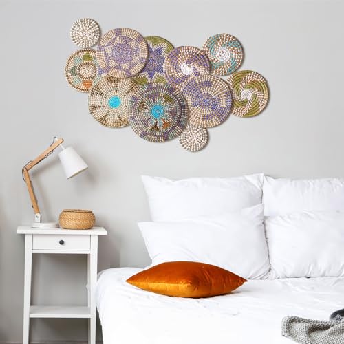 Tatuo 11 Pcs Boho Wall Basket Decor Bulrush Woven Wall Hanging Art Round Farmhouse Rustic Handmade Wicker for Summer Home, Bedroom, Living Room, Kitchen Decorations, Multi Sizes(Multicolour) - style: Multicolour