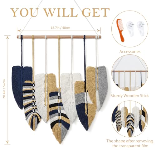 Betylifoy Macrame Leaf Wall Hanging, Boho Wall Decor, Handmade Woven Leaf Feather Boho Tapestry Bohemian Chic Wall Art Decor for Bedroom Living Room Nursery Apartment Backdrop - color: Blue Yellow