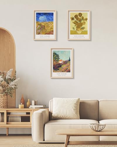 HesenDot Van Gogh Framed Wall Art Set of 3, 12x16 Inch Canvas Prints, Wheatfield, Sunflowers, Landscape Paintings, Vintage Artwork Posters Home Decoration for Living Room Bedroom Gallery Office - color: Framed Van Gogh Landscape Set, size: 16"L x 12"W