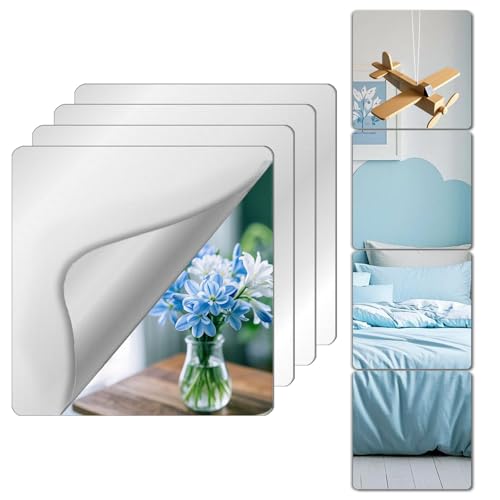 Unbreakable Mirror Tiles, 4PCS 14”x14” Peel And Stick on Mirror for Wall Mirrors Decorative, Toddlers for Kids Bedroom, Plastic Gym Frameless Door Small Adhesive Mirrors for Classroom Decor Stickers - color: Silver, size: 4pcs-14x14 inch