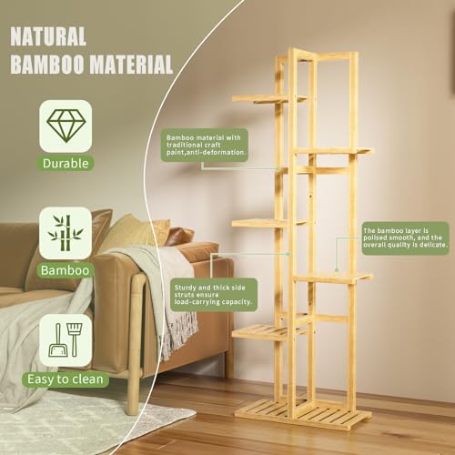 ROMGUAR CRAFT 6 Tier Bamboo Plant Stand Indoor, Wood Tall Flower Holder Corner Tiered Plant Shelf for Multiple Plants (Natural)
