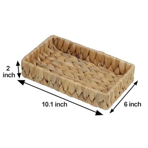 Bathroom Tray Countertop, 10 Inch Water Hyacinth Bathroom Basket, Toilet Tank Bathroom Vanity Tray, Rattan Wicker Tray for Bathroom Decor Coffee Table (Small) - size: 10.1" x 6" x 2"