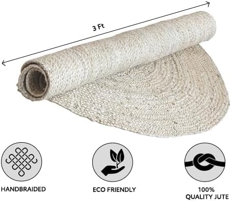 HOMEMONDE Handwoven Jute Area Rug - 3 feet Round Natural Yarn Loom Braided Rug - Eco-Friendly Boho Farmhouse Reversible Design for Bedroom, Living Room, and Kitchen (Off-White)