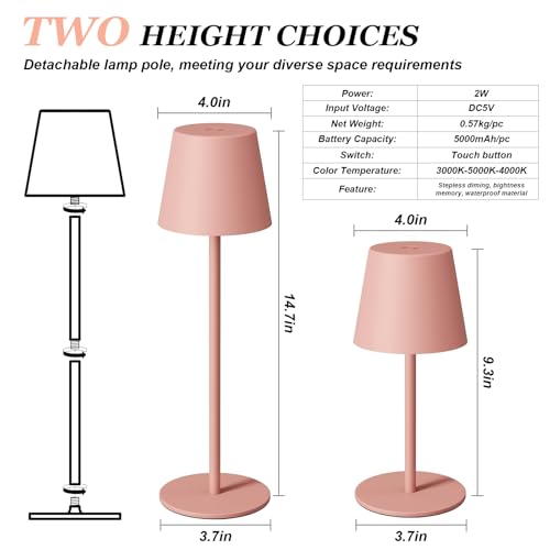 Kakanuo Cordless Table Lamp Rechargeable Pink - KK 2 Pack 5000mAH Battery Operated Lamp for Counter, 3 Color Stepless Dimming Wireless Lamp for Dining Kitchen, Outdoor Patio, Touch Control - color: Pink, size: 2 Pack 14in - Down Light