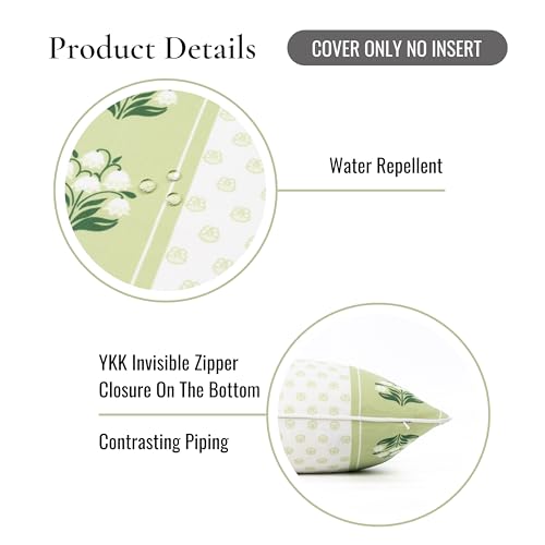 Hofdeco Premium Grandmillennial Coastal Hampton Patio Indoor Outdoor Throw Pillow Cover Only, 20"x20" Water Repellent for Backyard, Couch, Poolside, Grass Green Print Block Striped Lily of the Valley - color: Grass Green Block Print Striped Lily of the Va