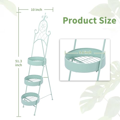 Metal Ladder Plant Stand 3-Tier for Coner, Decorative Freestanding Flower Pot Holder Rack for Indoor Outdoor, Rustproof Planter Holder for Balcony Patio Living Room, Green