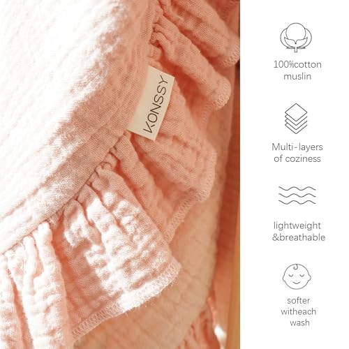 Konssy Flounce Muslin Baby Blanket for Girls Boys, 100% Cotton Soft Crib Swaddle Blankets, Reversible & Breathable Nursery Bedding for Newborns Toddlers, 43 x 39 Inches (Pink) - color: Pink, size: 43"x39"