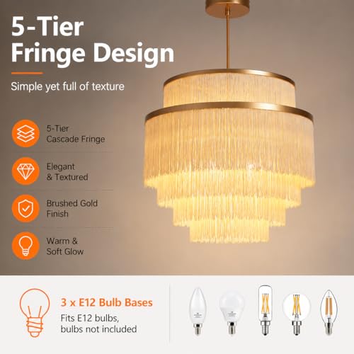 5-Tiered Boho Chandelier with Metal and Fringe,3 Lights Fringe Pendant Light Fixture,Tassle Chandelier for entryway,Dining Room,Baby Nursery,Gold and Light Beige - color: Light Yellow-Pendant