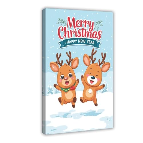JDBeehpy Merry Christmas & Happy New Year Frame Canvas Print Wall Art Painting Reindeer Playing Happily in Snow Cute Poster Home Decor Mural 08x12inch(20x30cm) - color: Reindeer Frame, size: 12L" x 8W"