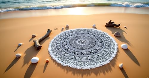 Round tapestry Indian Mandala Roundie Beach Throw Tapestry Hippy Boho Gypsy Cotton Tablecloth Beach Towel, Round Yoga Mat (42 Inches, Black And WHite) - color: Black And WHite, size: 42"L x 42"W