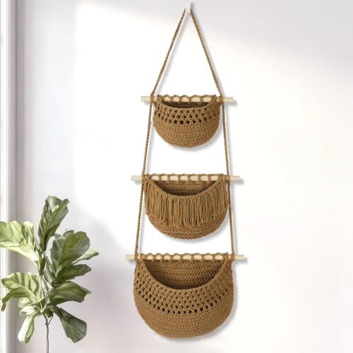 Boho Style Handwoven Rope Hanging Basket - 3-Tier Detachable Storage Organizer for Kitchen/Bathroom/Entryway, 3 Included Heavy-Duty Hooks, 7 Color Options Available (Brown) - color: brown