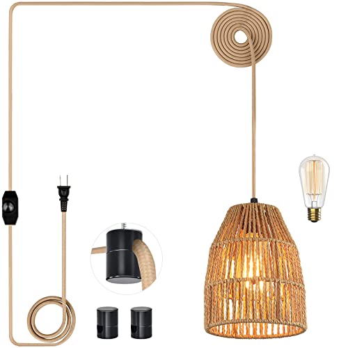 Plug in Pendant Light, Hanging Lights with 15ft Golden Cotton Cord & Stepless Dimming Switch, Handwoven Hemp Rope Lampshade, Boho Hanging Lamp for Bedroom,Hallway (Bulb & 2 Swag Hooks Included) - color: Rattan 7.1"