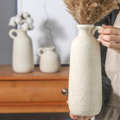 Ceramic Vase Set of 3 with Handle, Neutral Rustic Vases Home Decor Farmhouse Decorative Vase Whitewashed Pottery Decor Modern for Table Mantel Entryway Bookshelf Living Room Kitchen Bedroom - White - color: 010 Vase Set With Handle - White