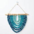 Boho Wooden Bead Garland Wall Hanging Tapestry Ombre Blue Gradient Handmade Wood Beaded Macrame Wall Art Natural Theme Wall Decor for Living Room Bedroom Nursery Dorm Coastal Home Office Decoration