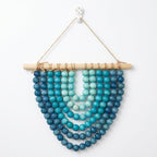 Boho Wooden Bead Garland Wall Hanging Tapestry Ombre Blue Gradient Handmade Wood Beaded Macrame Wall Art Natural Theme Wall Decor for Living Room Bedroom Nursery Dorm Coastal Home Office Decoration