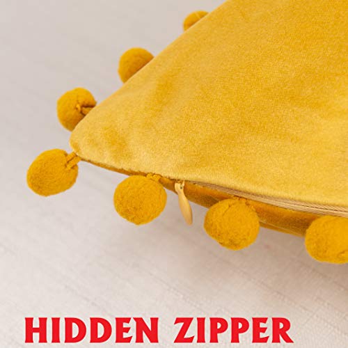 Elegant Comfort POM-POMS Fringe Velvet Cushion Covers Set of 2, Velvet Soft Solid Decorative Square Throw Pillow Covers Set Cushion Case for Couch Bed, Livingroom 18 x 18 Inch (45 x 45 cm), Gold/Camel - color: Gold/Camel, size: 18" x 18" (Pack of 2)