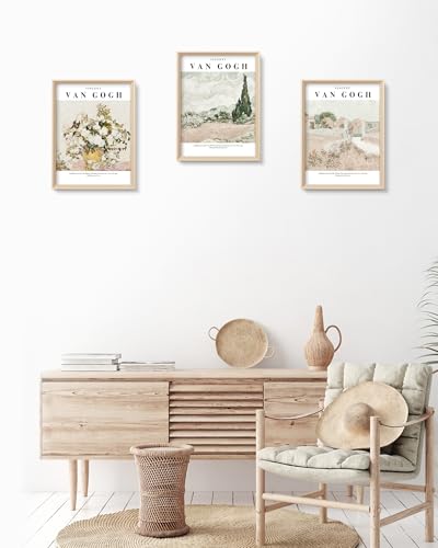 HesenDot Van Gogh High Framed Wall Art Set of 3, 12x16in Neutral Floral Canvas Prints, Abstract Landscape Artwork for Living Room Bedroom Gallery Office Home Décor - color: Framed Van Gogh Nature Set, size: 16"L x 12"W