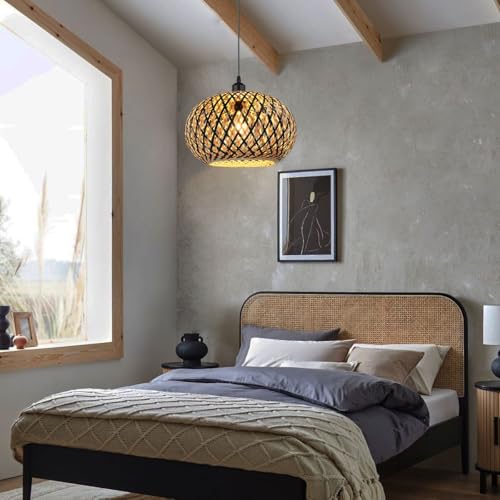 Island Pendant Light Black Natural Hand-Woven Bamboo Pendant Lights 1-Light Boho Light Fixtures Farmhouse Rustic Hanging Lamp for Living Room Dining Room Bedroom - color: Black Rattan, 1-Light