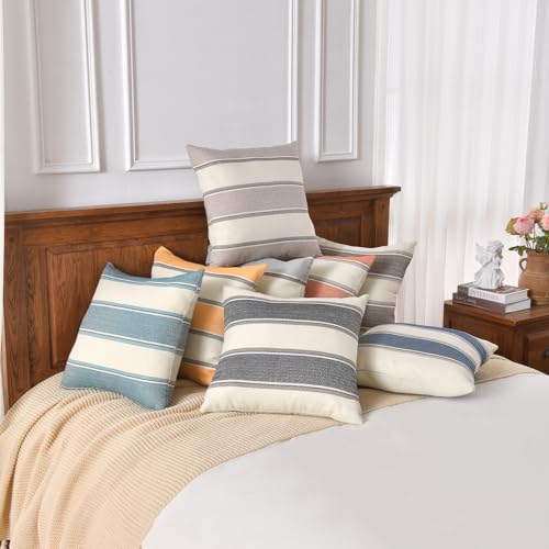 AmHoo Pack of 2 Farmhouse Linen Throw Pillow Cover Cushion Stripe Decoration Buffalo Retro Pillowcase with Hidden Zipper for Sofa Bedroom Car 18 x 18 Inch Brown - color: Brown, size: 18" x 18" (Pack of 2)