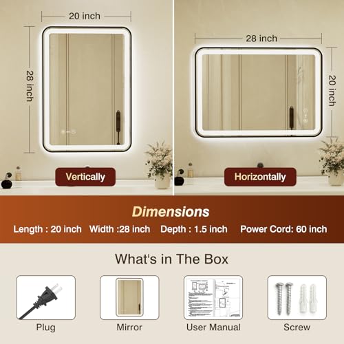 20x28 Inch Black Framed LED Bathroom Mirror with Lights,Smart Bathroom Mirror,Motion Sensor,Anti-Fog,Stepless Dimmable & 3 Colors,Memory,Vanity Mirror for Wall - color: Black-with Sensor Lights, size: 28"L x 20"W