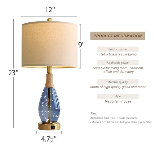 OYEARS 23" Table Lamps for Living Room Set of 2 Bedside Lamps for Night Stands Bedroom Lamps Farmhouse Rattan Boho Lamp Glass Nightlight End Table Lamp with USB C+A (Blue),Two Light Points - color: Blue