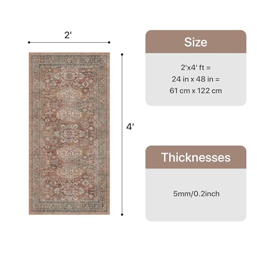 Bavni Washable Rug 2x4, Non Slip Small Runner for Entryway, Kitchen or Bathroom, Vintage Print Thin Low Pile Indoor Carpet, Brick - color: Brick, size: 2' x 4' (Rectangular)