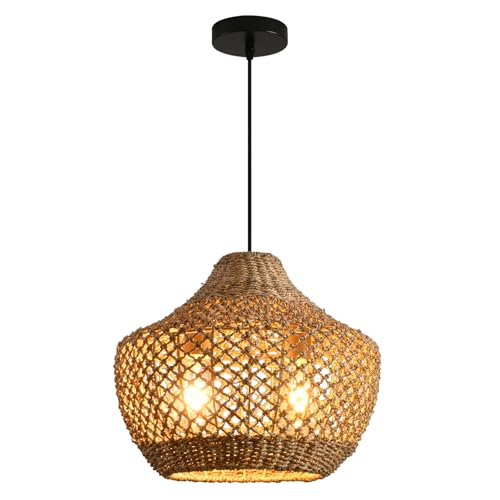 2-Light Rattan Pendant Light,15" Boho Basket Light Fixtures, Rattan Chandelier Hand-Woven Wicker Wicker Light fixtures Hanging for Dining Living Bedroom Kitchen Farmhouse - color: Brown rattan, size: 2-light 15in