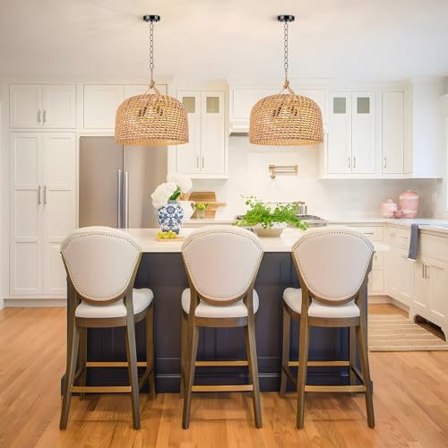 LamQee 18 Inch Rattan Farmhouse Chandelier, 3-Lights Boho Large Pendant Light with Dome Wicker Shade, Rustic Hand Woven Hanging Lighting Fixture for Dining Room, Kitchen Island, Entryway, Foyer - color: Natural