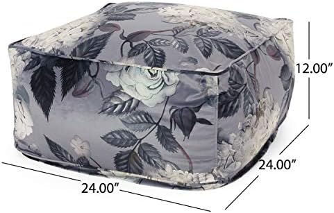 Foamma Pouf Ottoman Gray+ Flower, 24"x24"x12" - Square Ottoman Foot Rest for Living Room and Bedroom, Pouf Footstool with Velvet Cover, Foot Rest for Couch, Boho Furniture for Home