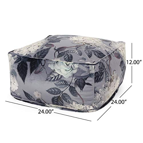 Foamma Pouf Ottoman Gray+ Flower, 24"x24"x12" - Square Ottoman Foot Rest for Living Room and Bedroom, Pouf Footstool with Velvet Cover, Foot Rest for Couch, Boho Furniture for Home - color: Gray + Flower