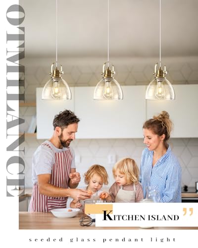 Gold Glass Pendant Lights Kitchen Island, 7.5" Blown Glass Pendant Light, Gold Modern Pendant Lights 1-Pack, Kitchen Hanging Lights for Kitchen Island, Dining Room, Bathroom, Cafe - color: Seeded Glass-Gold+Cord, size: 1-Pack