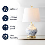 JONATHAN Y 20.5" Blue/White Marbleized Ceramic Table Lamp, Contemporary Traditional Bedside Lamp for Living Room, Gold Accents, White Linen Empire Shade, LED Bulb Included JYL3007A