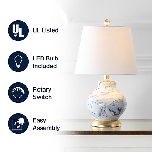 JONATHAN Y 20.5" Blue/White Marbleized Ceramic Table Lamp, Contemporary Traditional Bedside Lamp for Living Room, Gold Accents, White Linen Empire Shade, LED Bulb Included JYL3007A